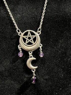 Sterling-Tone Crescent & Pentagram Necklace with Purple Beads